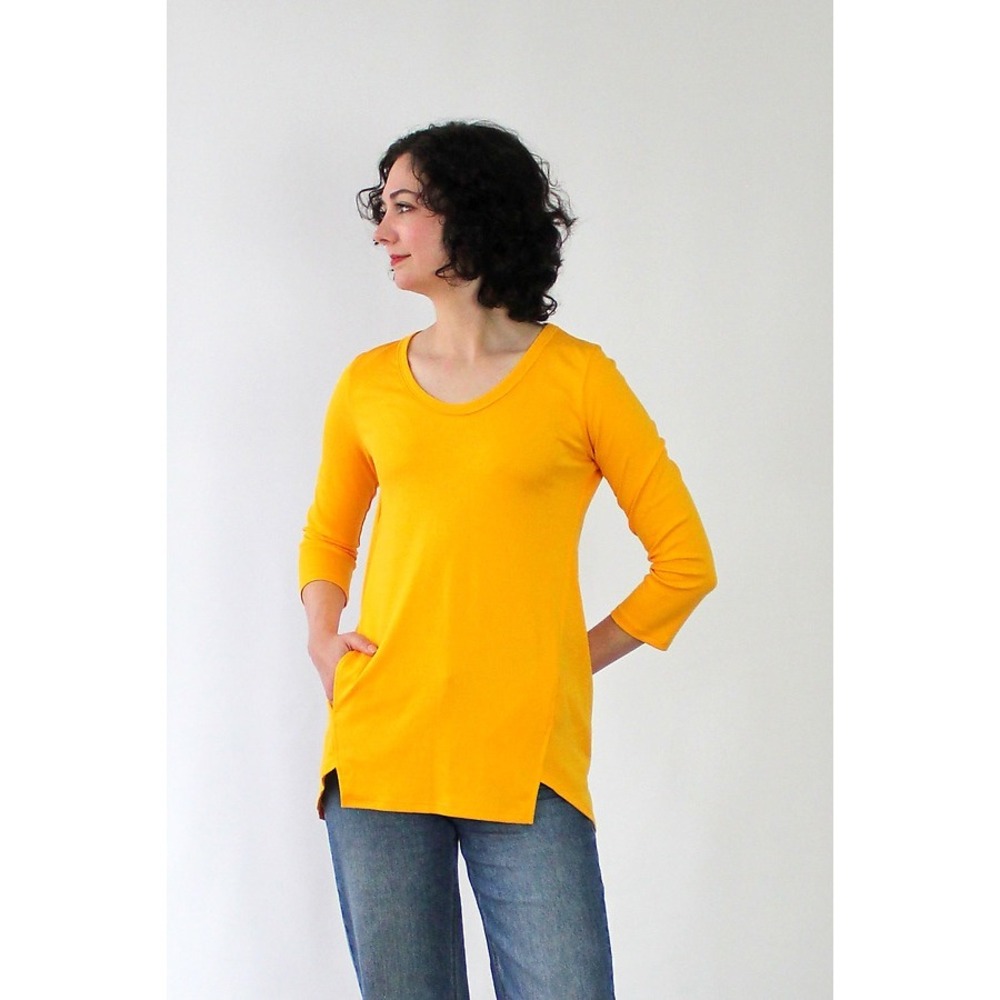 Beyond Threads Women's Pocket Tee Woven Top‎ Sunflower Lagenlook Artful Home- M